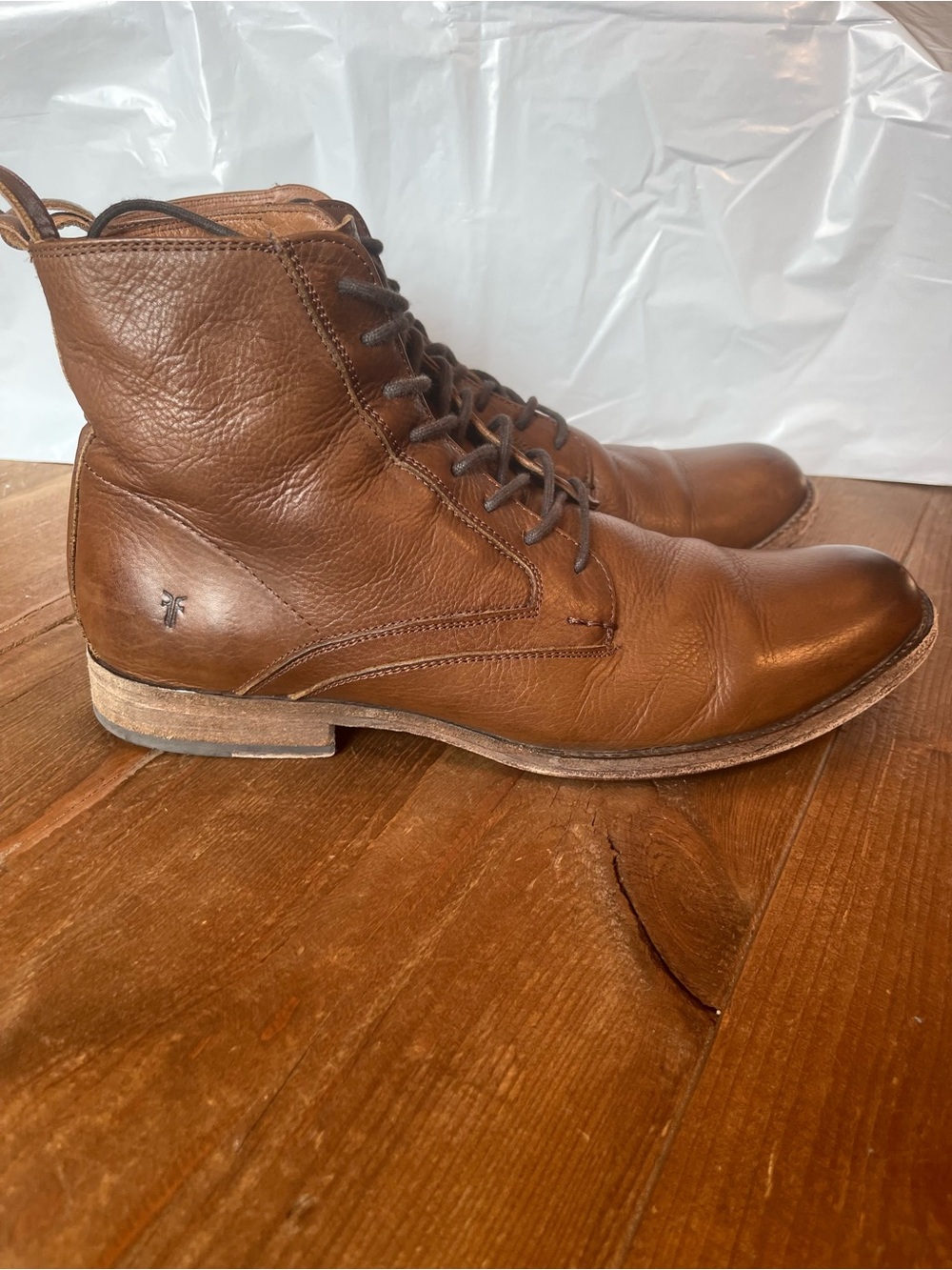 Frye Mens Phillip Vintage Lace Up Leather Boots Cognac Brown 10.5 D Blake Stitch